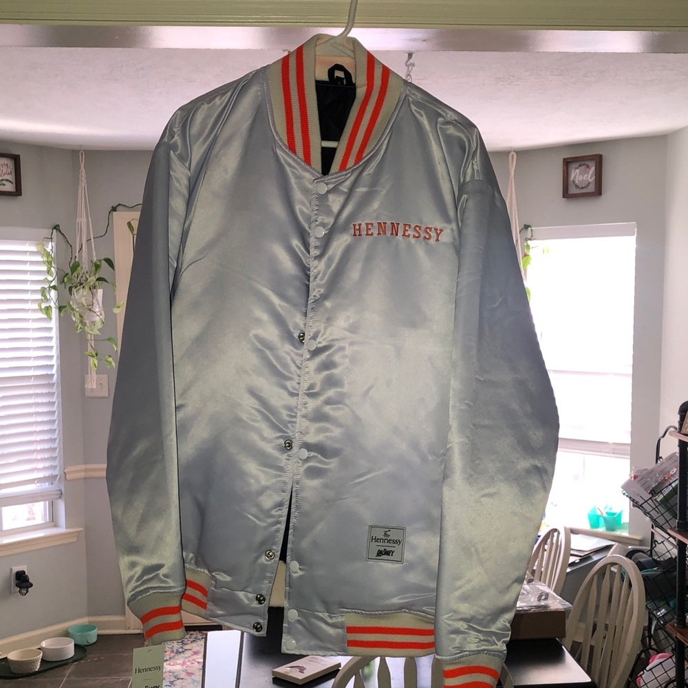 Hennessy Silver Varsity Jacket with Orange Details. Size LARGE